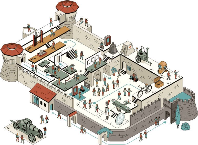 Mappa illustrata del Castello di Rovereto con il percorso di visita del museo