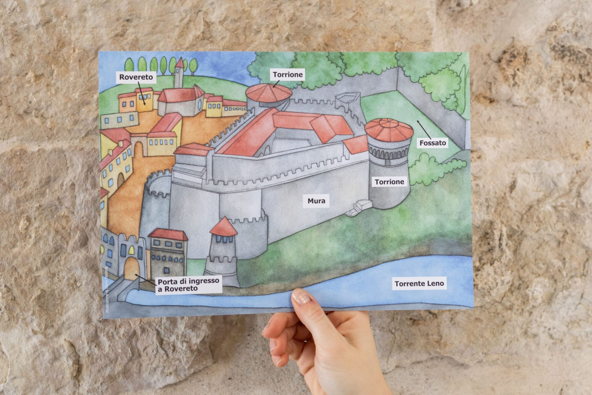 Mappa illustrata del castello tenuta in mano, con i nomi dei torrioni