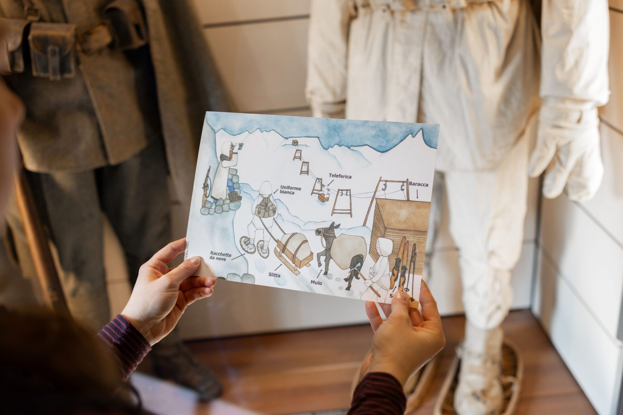 Scheda illustrata in linguaggio semplificato tenuta davanti a un'uniforme in vetrina