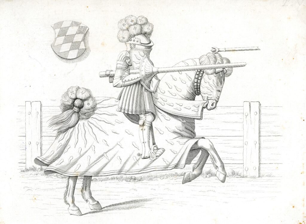 Disegno di un cavaliere in armatura a cavallo durante un torneo