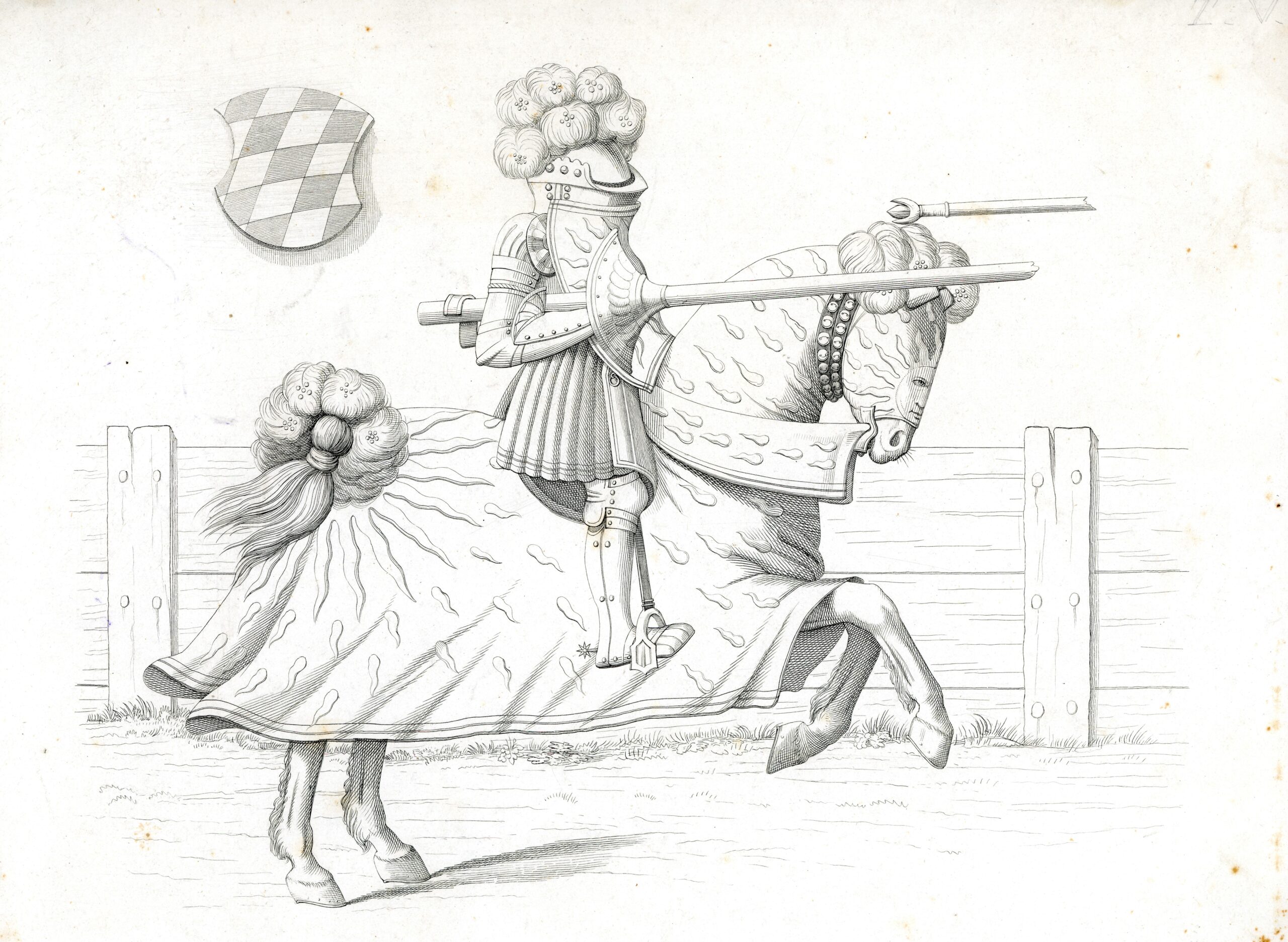 Disegno di un cavaliere in armatura a cavallo durante un torneo