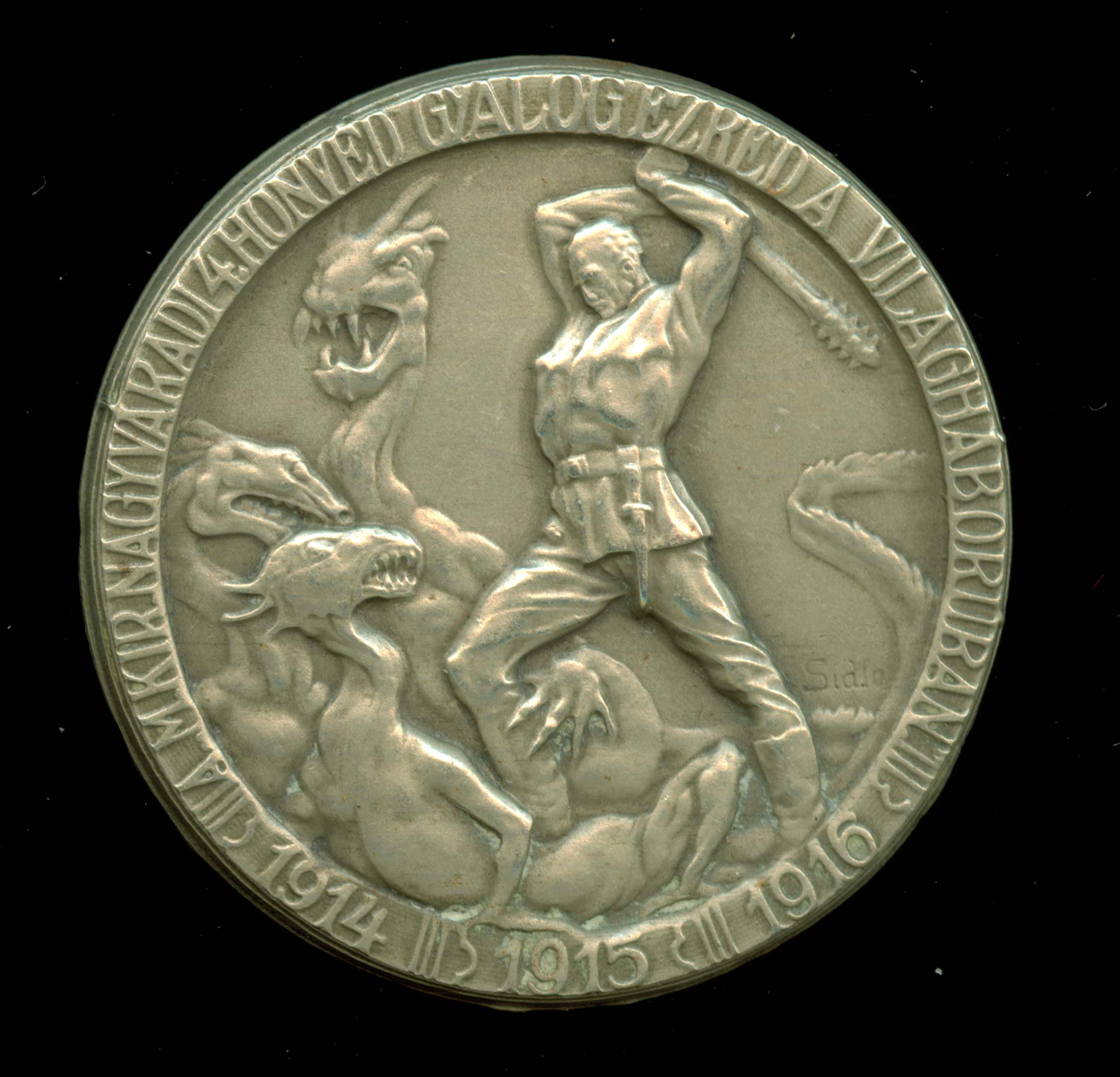 Medaglia commemorativa in bronzo con un soldato che combatte un drago, 1915-1916