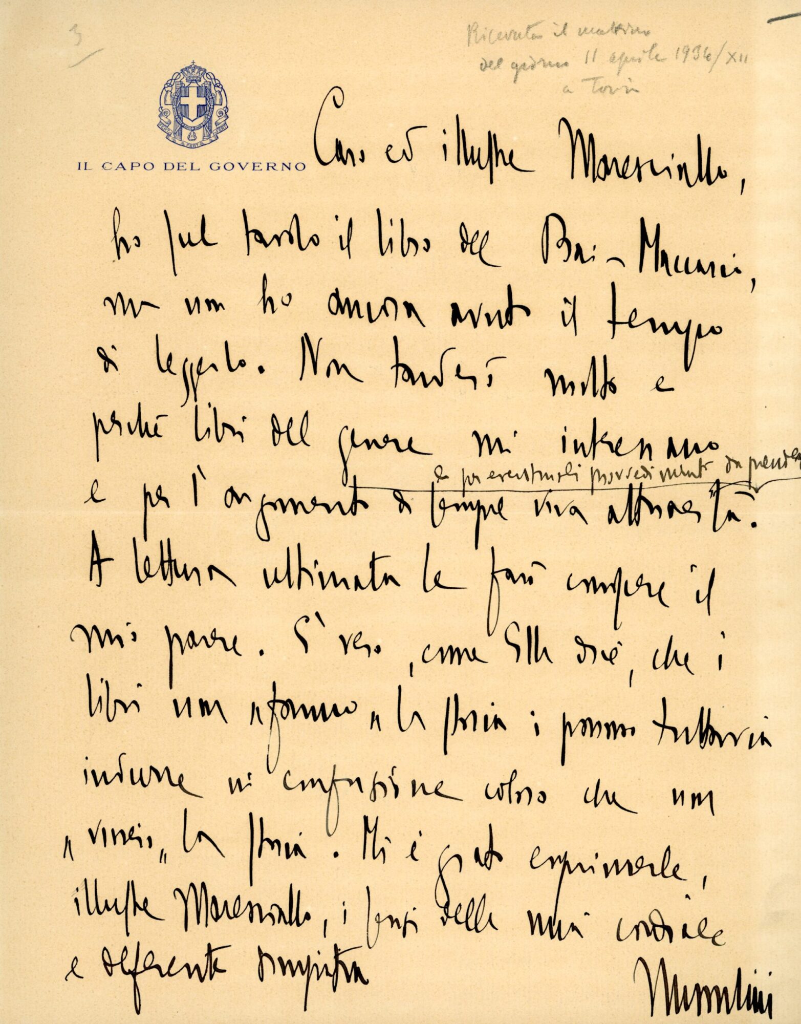 Lettera autografa di Benito Mussolini indirizzata a un maresciallo