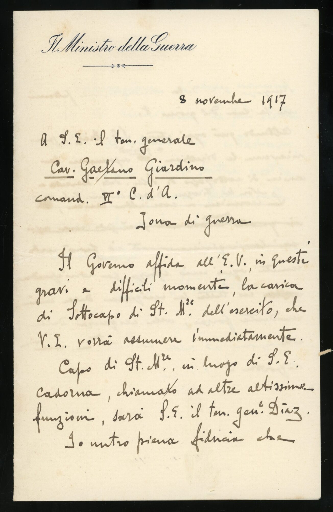 Lettera manoscritta del Ministro della Guerra al generale Gaetano Giardino, novembre 1917