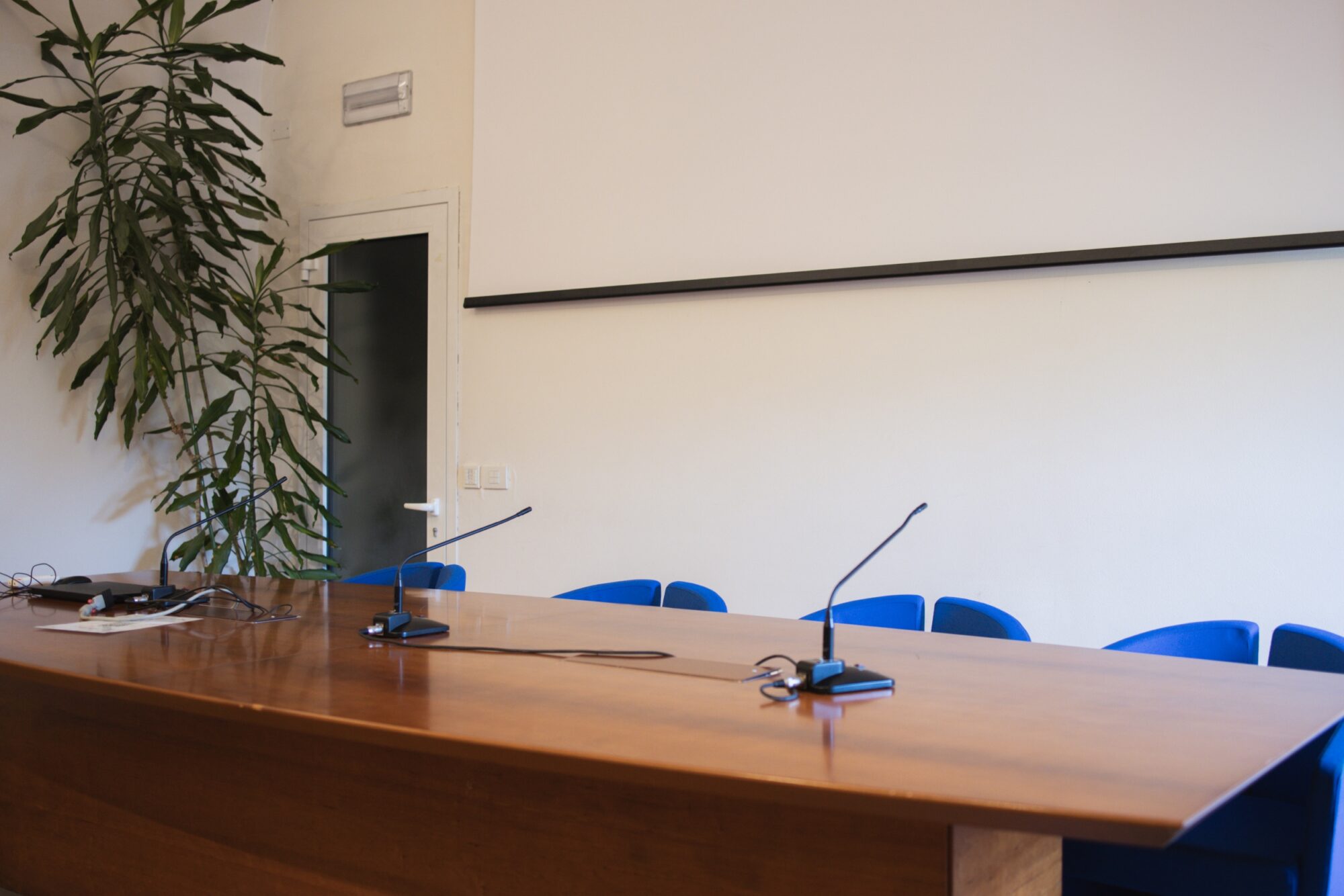 Tavolo dei relatori con microfoni nella Sala Conferenze